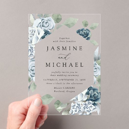 Elegant Dusty Blue Floral Lijst Wedding Acryl Uitnodigingen (Insitu (Draagbaar))
