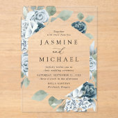 Elegant Dusty Blue Floral Lijst Wedding Acryl Uitnodigingen (Voorkant)