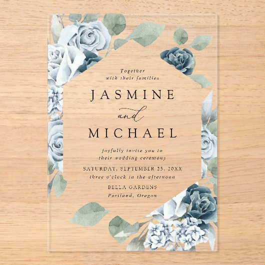 Elegant Dusty Blue Floral Lijst Wedding Acryl Uitnodigingen (Voorkant)