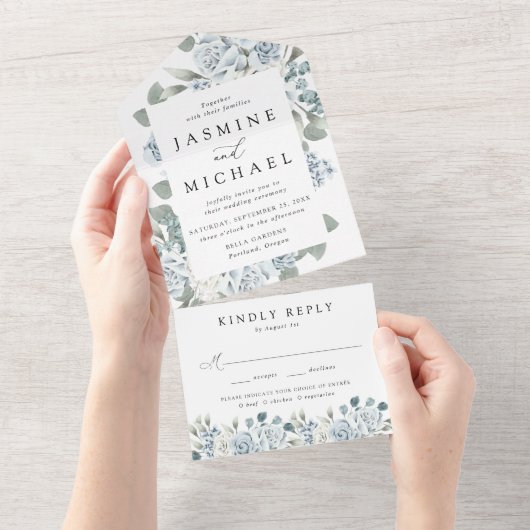 Elegant Dusty Blue Floral Lijst Wedding All In One Uitnodiging (Afscheurbaar)