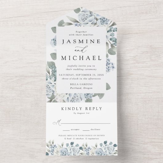 Elegant Dusty Blue Floral Lijst Wedding All In One Uitnodiging (Binnen)