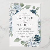 Elegant Dusty Blue Floral Lijst Wedding Folie Uitnodiging (Voorkant)