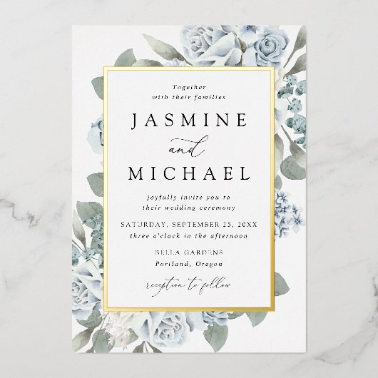 Elegant Dusty Blue Floral Lijst Wedding Folie Uitnodiging (Voorkant)