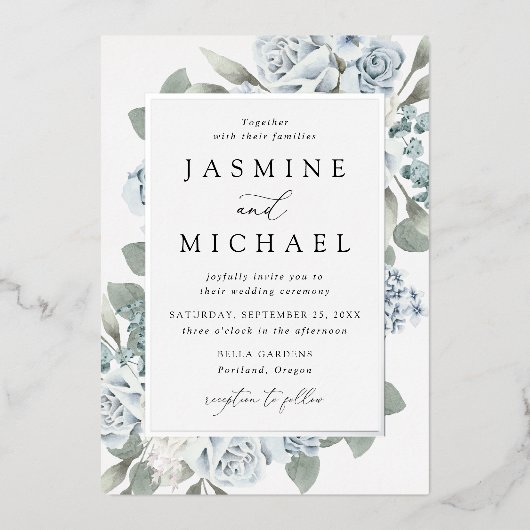 Elegant Dusty Blue Floral Lijst Wedding Folie Uitnodiging (Voorkant)
