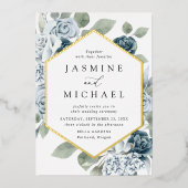 Elegant Dusty Blue Floral Lijst Wedding Folie Uitnodiging (Voorkant)
