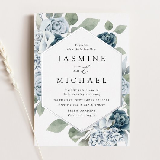 Elegant Dusty Blue Floral Lijst Wedding Folie Uitnodiging