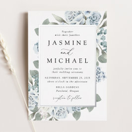 Elegant Dusty Blue Floral Lijst Wedding Folie Uitnodiging