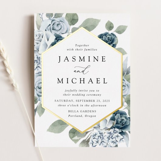 Elegant Dusty Blue Floral Lijst Wedding Folie Uitnodiging