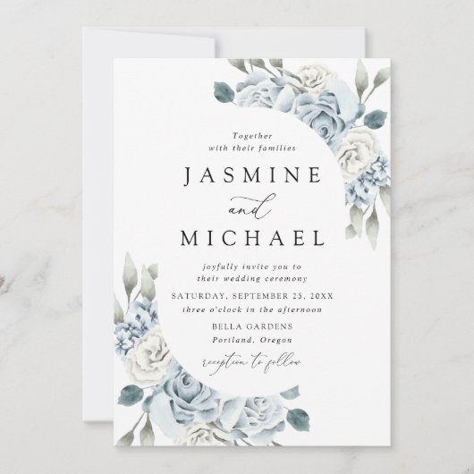 Elegant Dusty Blue Floral Lijst Wedding Invitation Kaart (Voorkant)