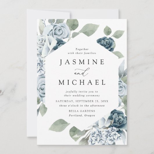 Elegant Dusty Blue Floral Lijst Wedding Kaart (Voorkant)