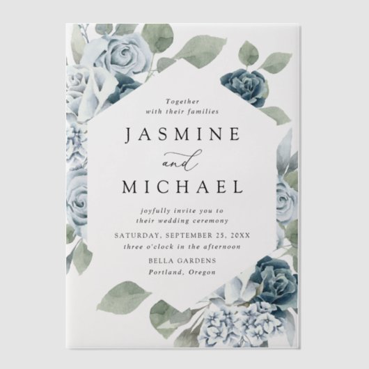 Elegant Dusty Blue Floral Lijst Wedding Vellum Uitnodigingen (Voorkant)