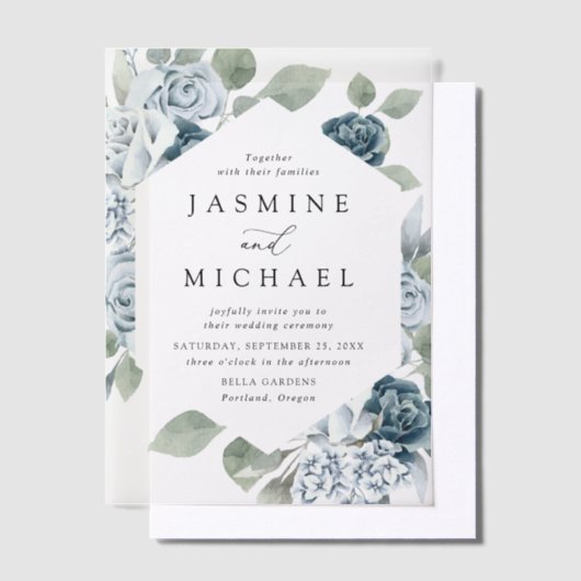 Elegant Dusty Blue Floral Lijst Wedding Vellum Uitnodigingen (Offset)