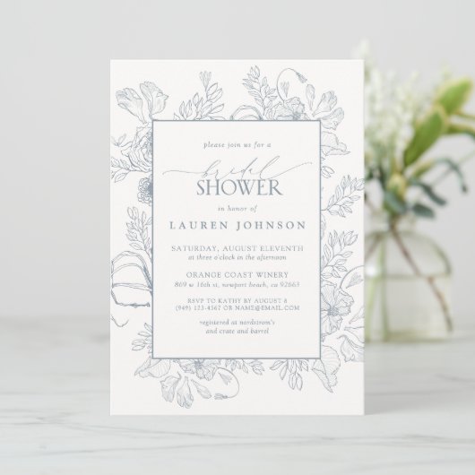 Elegant Dusty Blue Floral Line Art Vrijgezellenfee Kaart (Staand voorkant)