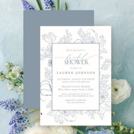 Elegant Dusty Blue Floral Line Art Vrijgezellenfee Kaart