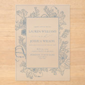 Elegant Dusty Blue Floral Line Art Wedding Acryl Uitnodigingen (Voorkant)