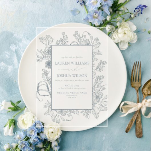 Elegant Dusty Blue Floral Line Art Wedding Acryl Uitnodigingen