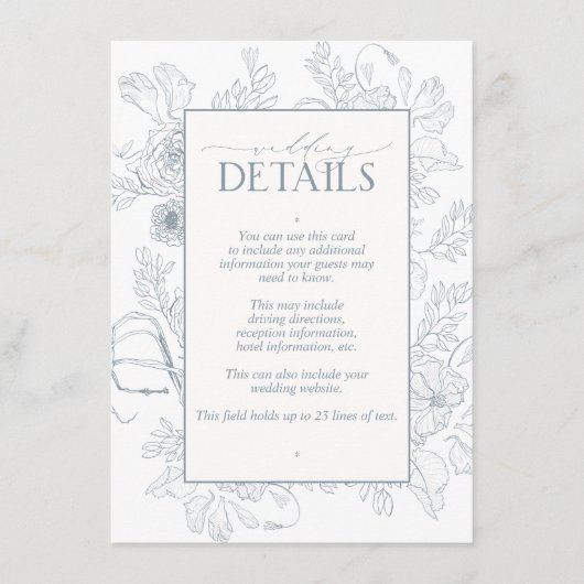 Elegant Dusty Blue Floral Line Art Wedding Details Informatiekaartje (Voorkant)