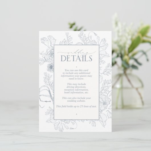 Elegant Dusty Blue Floral Line Art Wedding Details Informatiekaartje (Staand voorkant)