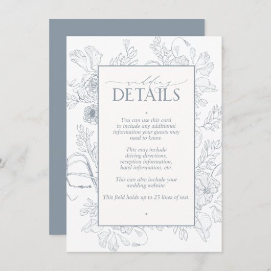 Elegant Dusty Blue Floral Line Art Wedding Details Informatiekaartje (Voorkant / Achterkant)