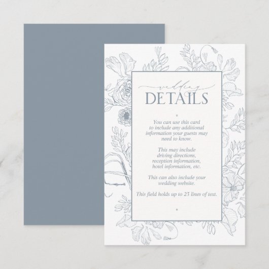 Elegant Dusty Blue Floral Line Art Wedding Details Informatiekaartje (Voorkant / Achterkant)