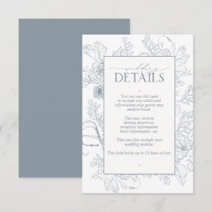 Elegant Dusty Blue Floral Line Art Wedding Details Informatiekaartje