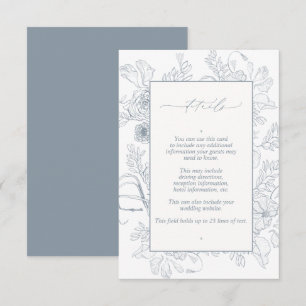 Elegant Dusty Blue Floral Line Art Wedding Details Informatiekaartje