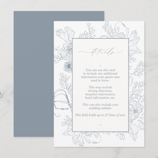 Elegant Dusty Blue Floral Line Art Wedding Details Informatiekaartje (Voorkant / Achterkant)