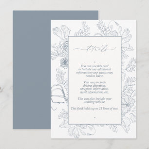 Elegant Dusty Blue Floral Line Art Wedding Details Informatiekaartje