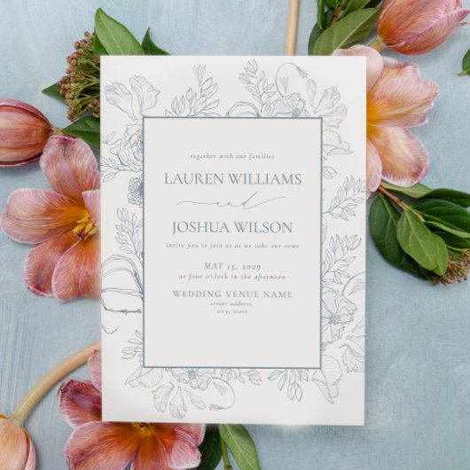 Elegant Dusty Blue Floral Line Art Wedding Kaart