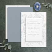 Elegant Dusty Blue Floral Line Art Wedding Kaart