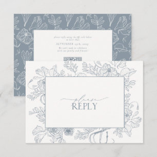 Elegant Dusty Blue Floral Line Art Wedding QR Code RSVP Kaartje