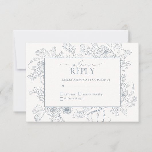 Elegant Dusty Blue Floral Line Art Wedding RSVP Kaartje (Voorkant)