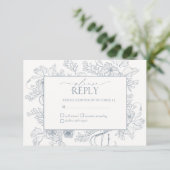 Elegant Dusty Blue Floral Line Art Wedding RSVP Kaartje (Staand voorkant)