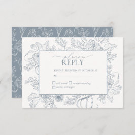Elegant Dusty Blue Floral Line Art Wedding RSVP Kaartje