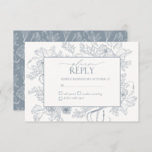Elegant Dusty Blue Floral Line Art Wedding RSVP Kaartje