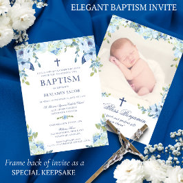 Elegant Dusty Blue Floral met fotodoop Kaart