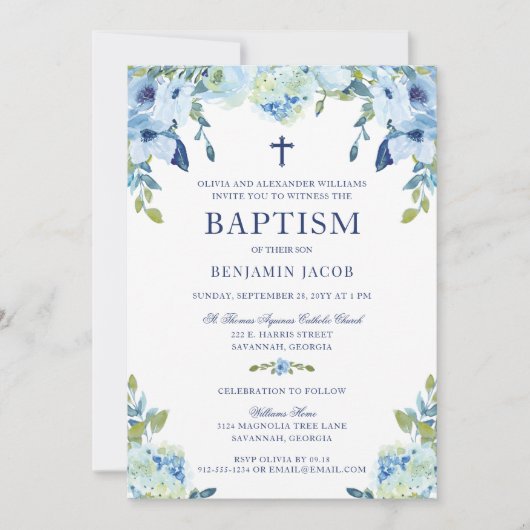 Elegant Dusty Blue Floral met fotodoop Kaart (Voorkant)