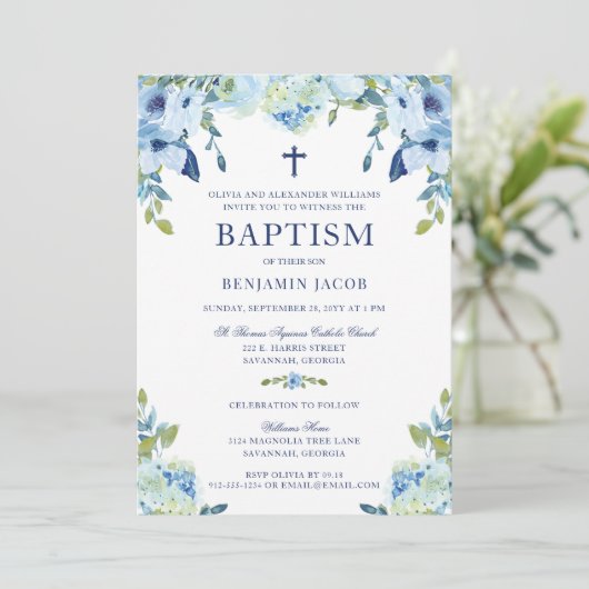 Elegant Dusty Blue Floral met fotodoop Kaart (Staand voorkant)