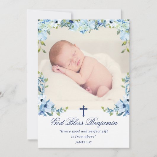 Elegant Dusty Blue Floral met fotodoop Kaart (Achterkant)