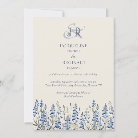 Elegant Dusty Blue Floral Monogram Bruiloft Kaart (Voorkant)