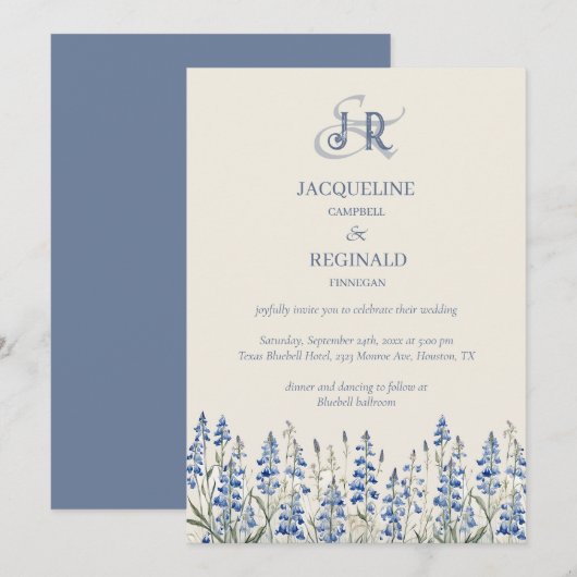 Elegant Dusty Blue Floral Monogram Bruiloft Kaart (Voorkant / Achterkant)
