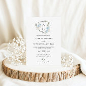 Elegant Dusty Blue Floral Monogram Crest Bruiloft Kaart