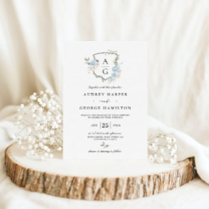 Elegant Dusty Blue Floral Monogram Crest Bruiloft Kaart
