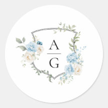 Elegant Dusty Blue Floral Monogram Crest Bruiloft