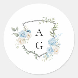 Elegant Dusty Blue Floral Monogram Crest Bruiloft Ronde Sticker