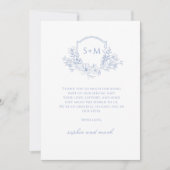 Elegant Dusty Blue Floral Monogram Crest Wedding Bedankkaart (Voorkant)