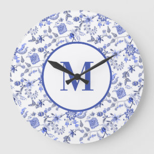Elegant Dusty Blue Floral Monogram Grote Klok