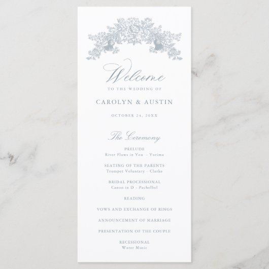 Elegant Dusty Blue  Floral Ornament Wedding Programmakaart (Voorkant)