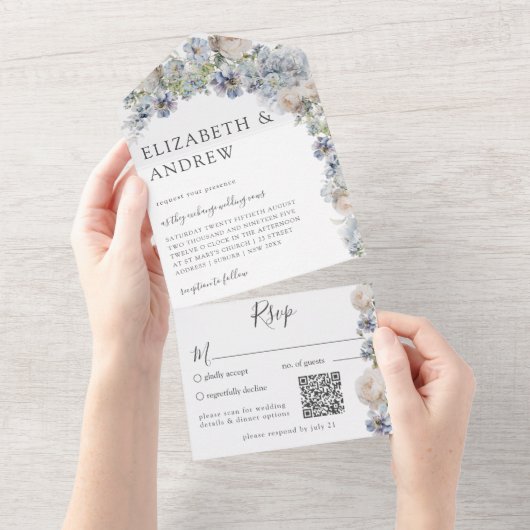 Elegant Dusty Blue Floral QR Code All In One Uitnodiging (Afscheurbaar)