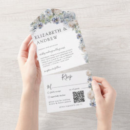 Elegant Dusty Blue Floral QR Code All In One Uitnodiging